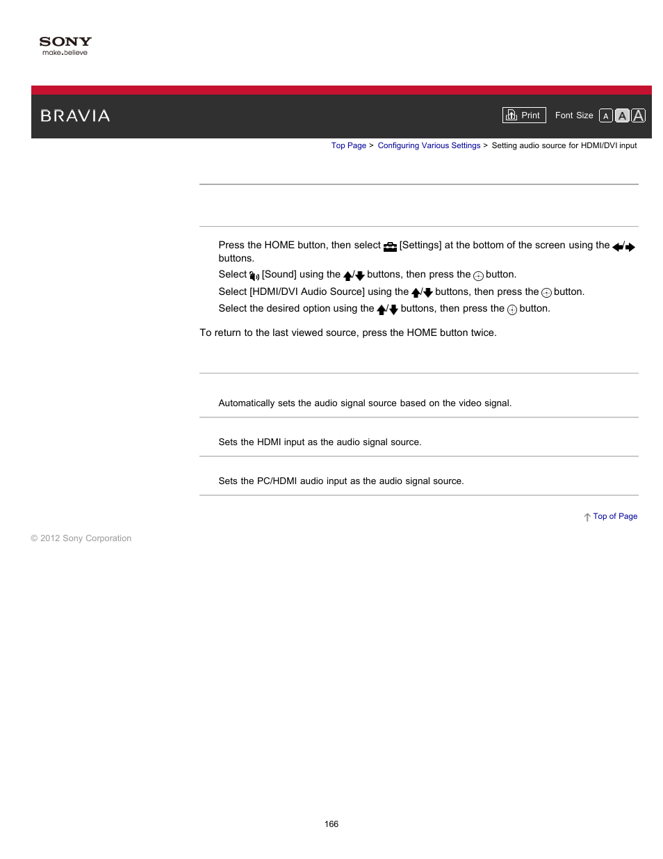 Setting audio source for hdmi/dvi input | Sony KDL-55HX750 User Manual | Page 166 / 192