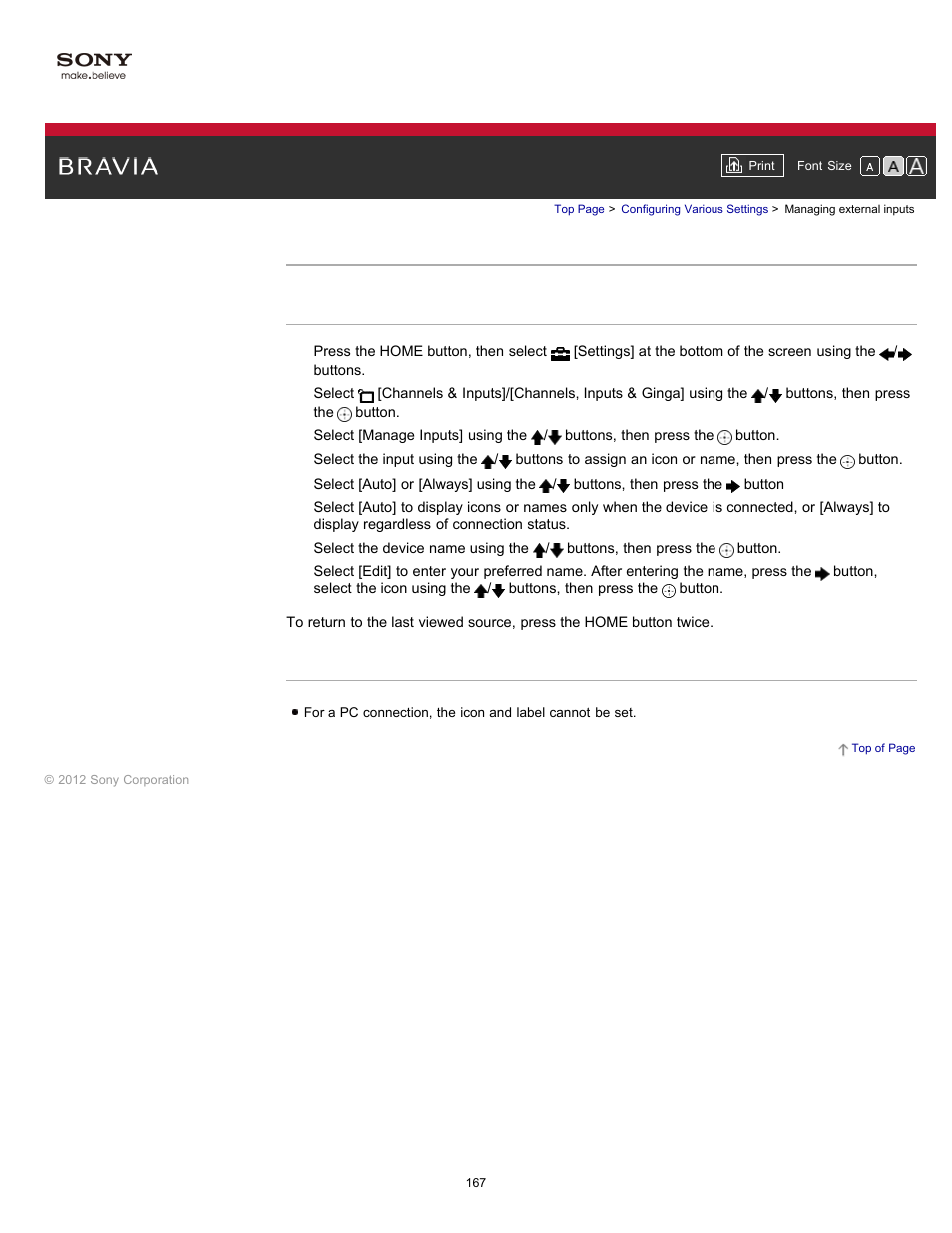 Managing external inputs | Sony KDL-55HX750 User Manual | Page 167 / 192