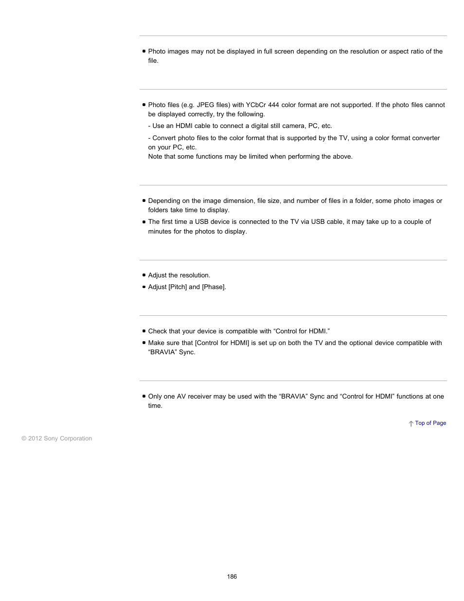 Photo images appear small on the screen, Photo images cannot be displayed, Photo images or folders take time to display | Poor picture quality on pc input, You cannot control a second av receiver | Sony KDL-55HX750 User Manual | Page 186 / 192