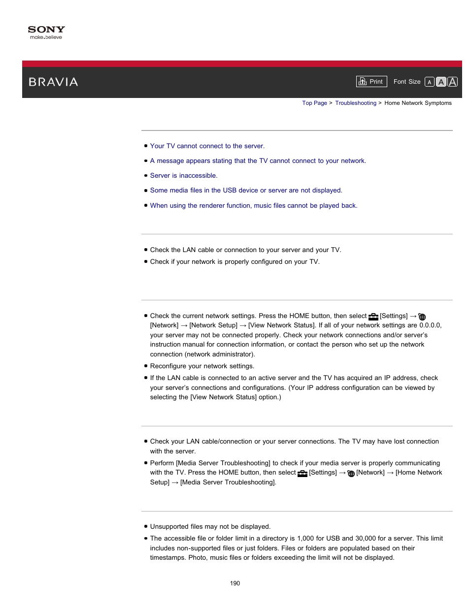 Home network symptoms | Sony KDL-55HX750 User Manual | Page 190 / 192