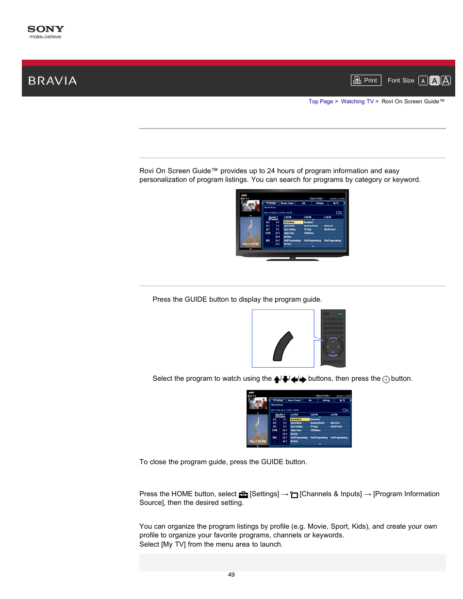 Rovi on screen guide, Guide | Sony KDL-55HX750 User Manual | Page 49 / 192