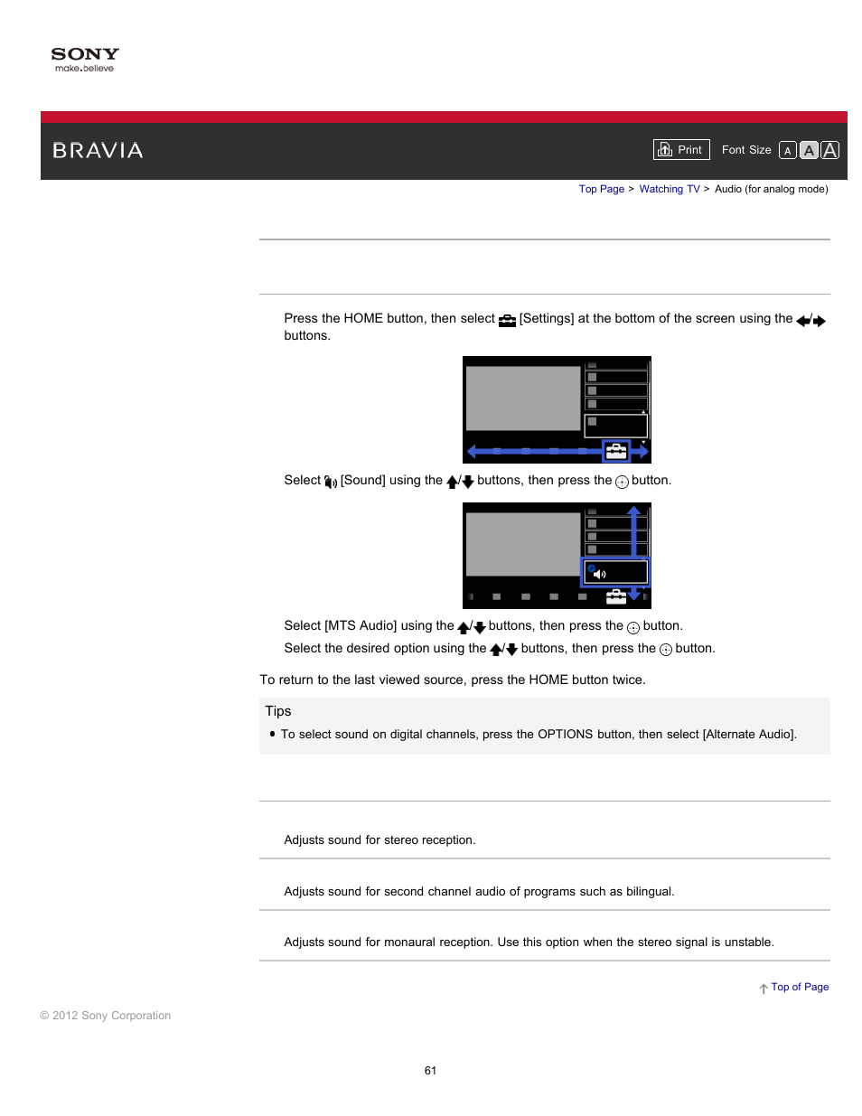 Audio (for analog mode) | Sony KDL-55HX750 User Manual | Page 61 / 192