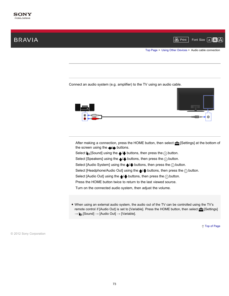 Audio cable connection | Sony KDL-55HX750 User Manual | Page 73 / 192
