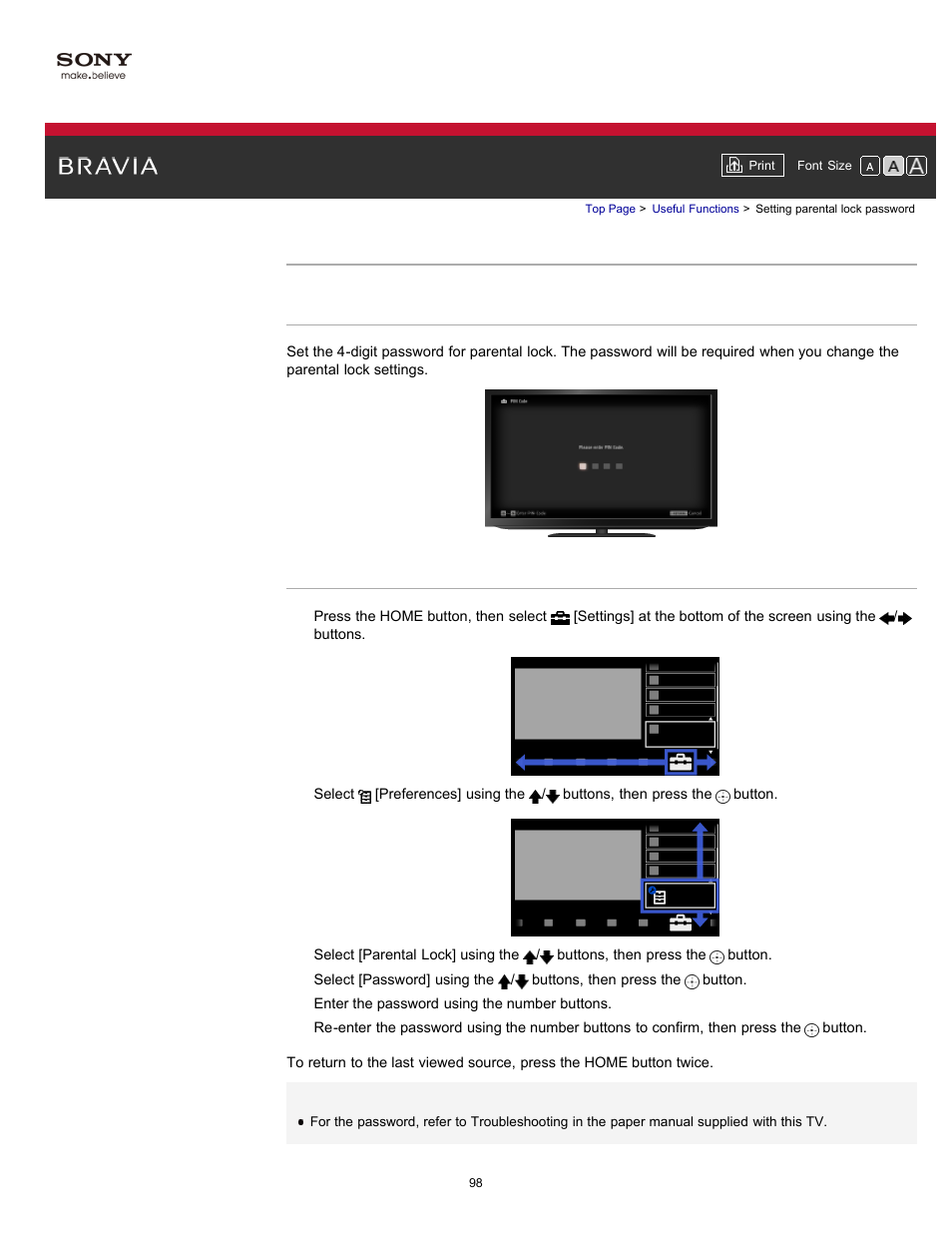 Setting parental lock password | Sony KDL-55HX750 User Manual | Page 98 / 192