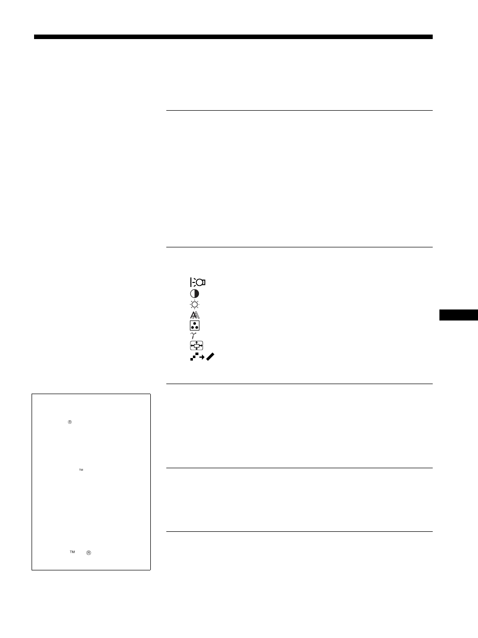 Índice, Configuración, Personalización del monitor | Características técnicas, Solución de problemas, Especificaciones | Sony SDM-X72 User Manual | Page 47 / 72