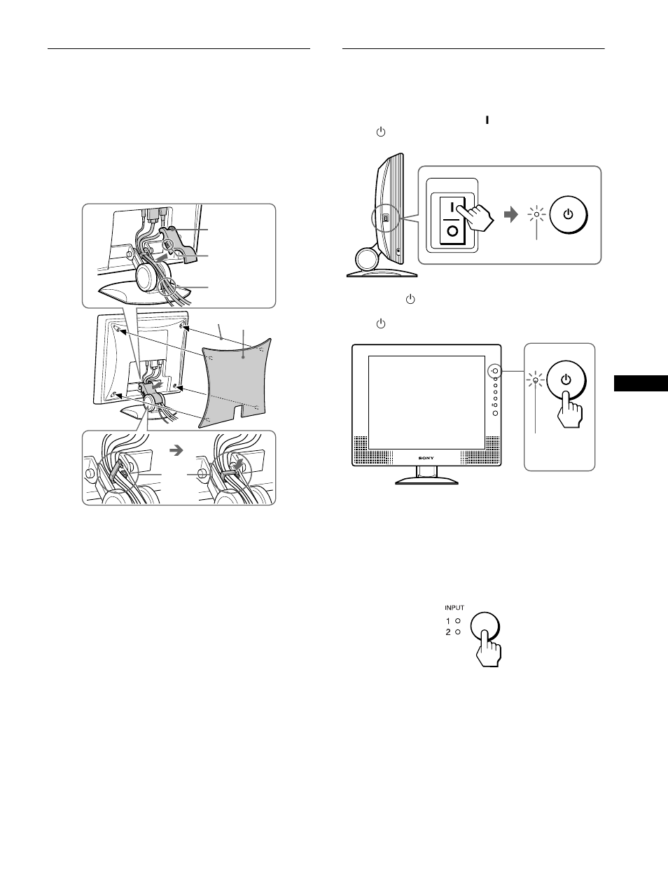 Setup 5: bundle the cords and cables, Setup 6: turn on the monitor and computer, Setup 5: b | Setup 6: tur | Sony SDM-X72 User Manual | Page 9 / 72