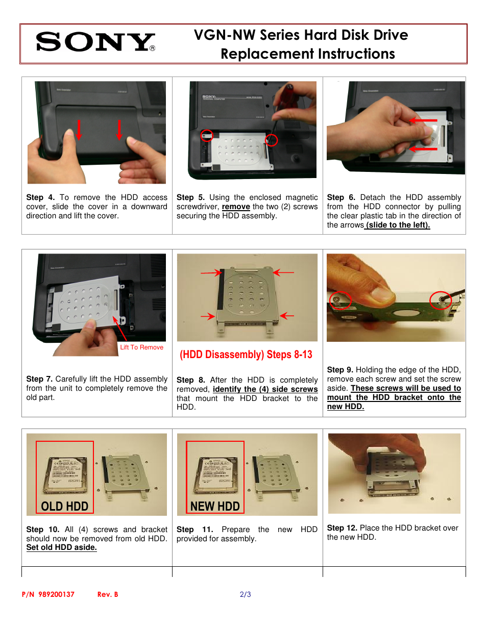 Old hdd new hdd, Hdd disassembly) steps 8-13 | Sony VGN-NW150J User Manual | Page 2 / 3