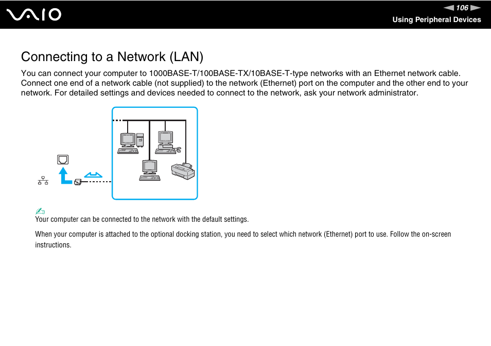 Connecting to a network (lan) | Sony VGN-TZ340NCP User Manual | Page 106 / 238