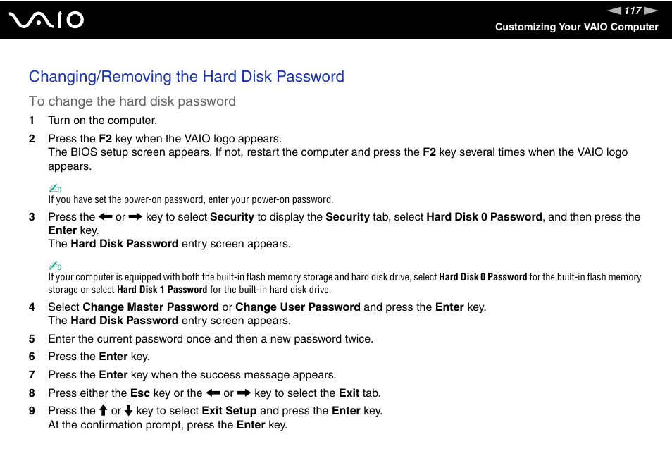 Changing/removing the hard disk password | Sony VGN-TZ340NCP User Manual | Page 117 / 238