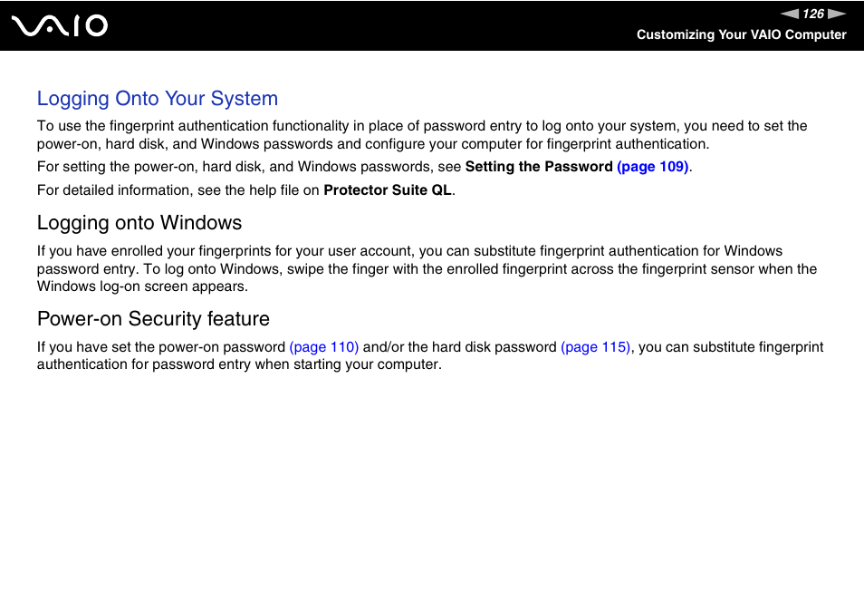 Logging onto your system, Logging onto windows, Power-on security feature | Sony VGN-TZ340NCP User Manual | Page 126 / 238