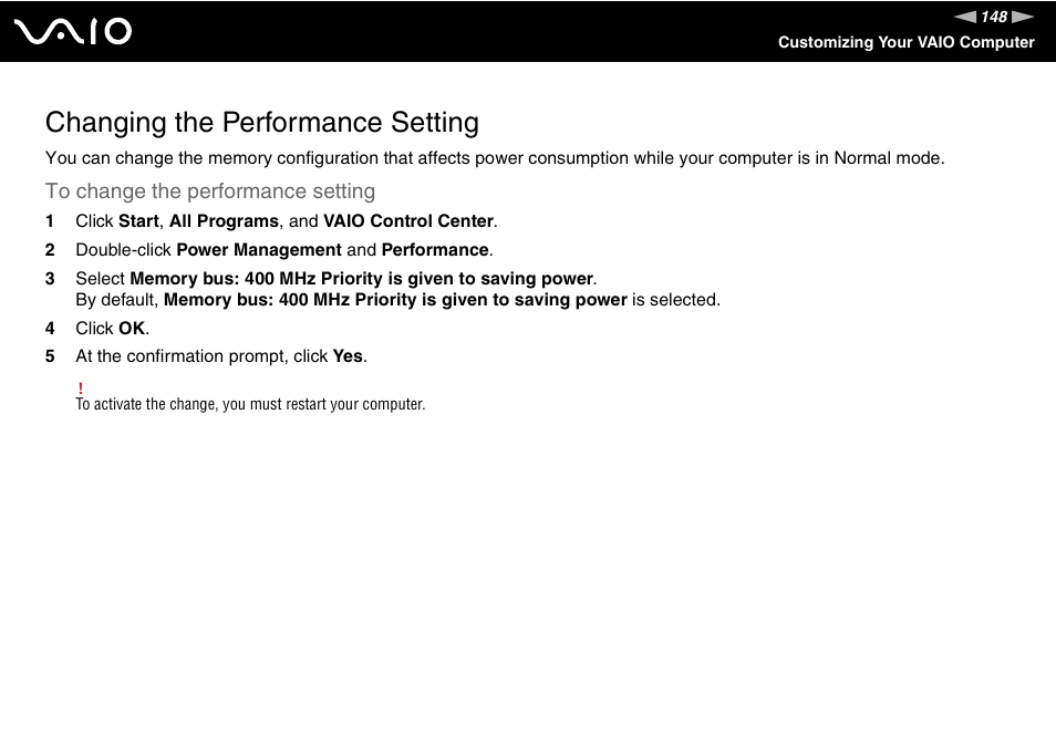 Changing the performance setting | Sony VGN-TZ340NCP User Manual | Page 148 / 238