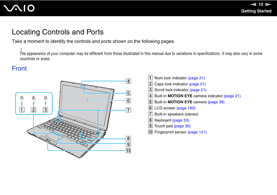 Locating controls and ports, Front | Sony VGN-TZ340NCP User Manual | Page 15 / 238