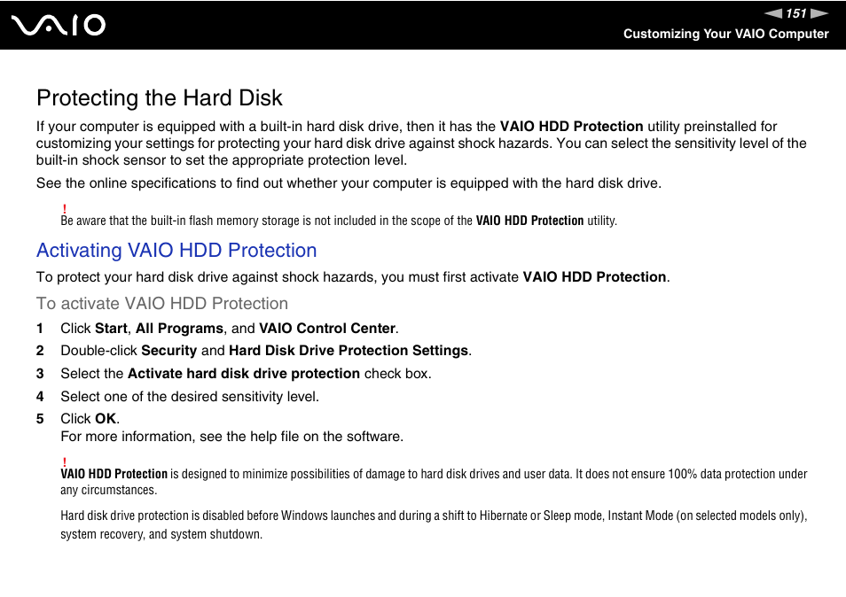 Protecting the hard disk, Activating vaio hdd protection | Sony VGN-TZ340NCP User Manual | Page 151 / 238
