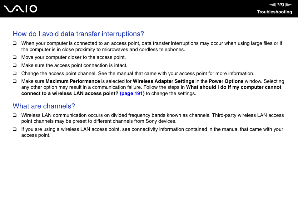 How do i avoid data transfer interruptions, What are channels | Sony VGN-TZ340NCP User Manual | Page 193 / 238