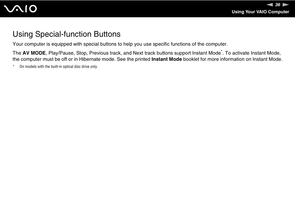 Using special-function buttons | Sony VGN-TZ340NCP User Manual | Page 36 / 238