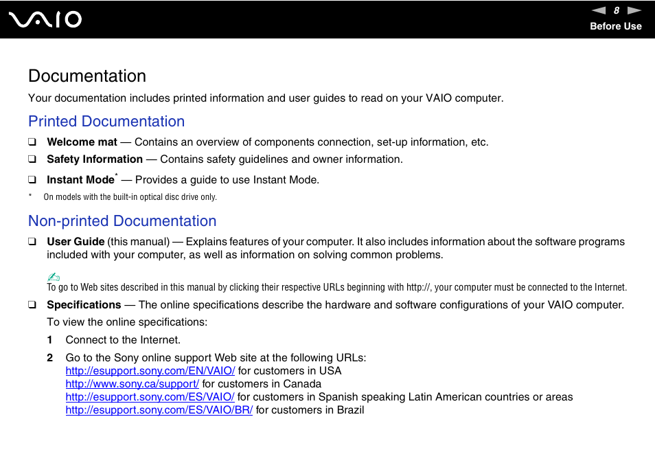 Documentation, Printed documentation, Non-printed documentation | Sony VGN-TZ340NCP User Manual | Page 8 / 238
