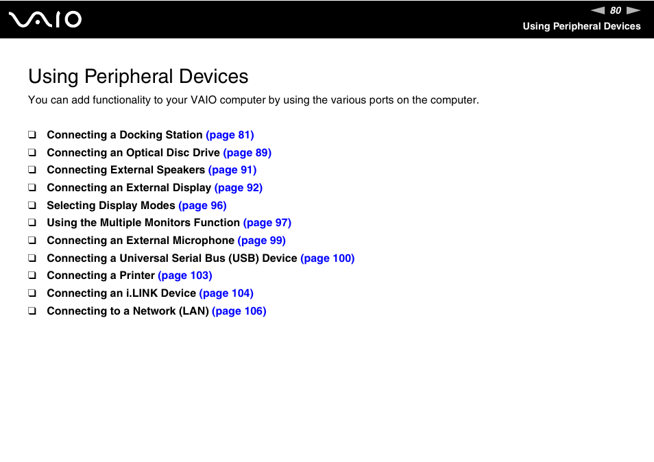 Using peripheral devices | Sony VGN-TZ340NCP User Manual | Page 80 / 238