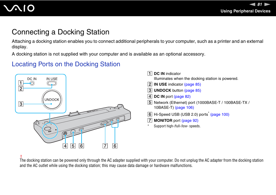 Connecting a docking station, Locating ports on the docking station | Sony VGN-TZ340NCP User Manual | Page 81 / 238