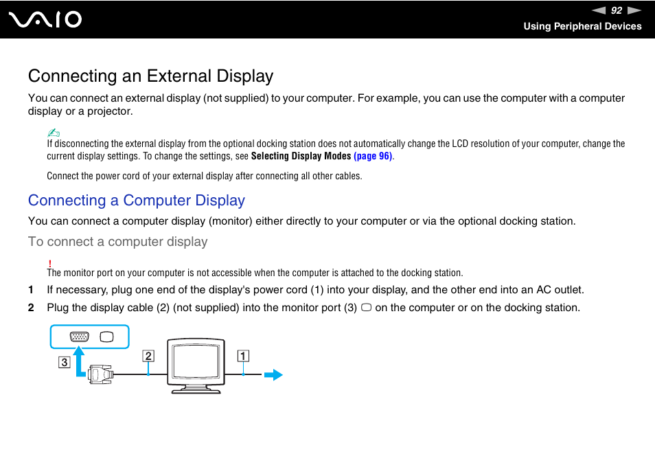 Connecting an external display, Connecting a computer display | Sony VGN-TZ340NCP User Manual | Page 92 / 238