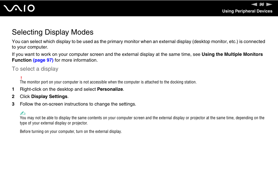 Selecting display modes | Sony VGN-TZ340NCP User Manual | Page 96 / 238