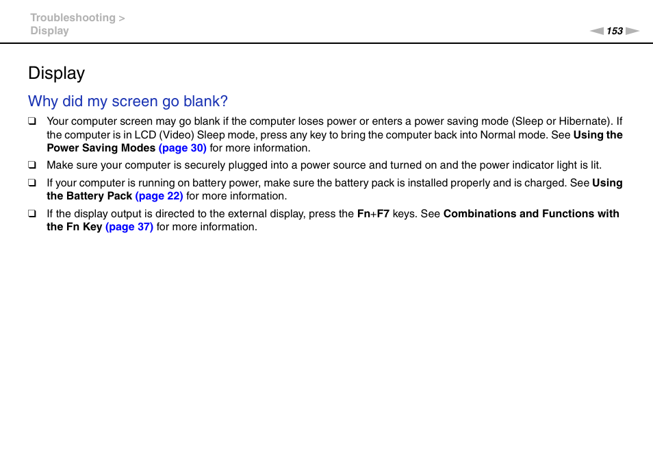 Display, Why did my screen go blank | Sony VPCEB4LFX User Manual | Page 153 / 172