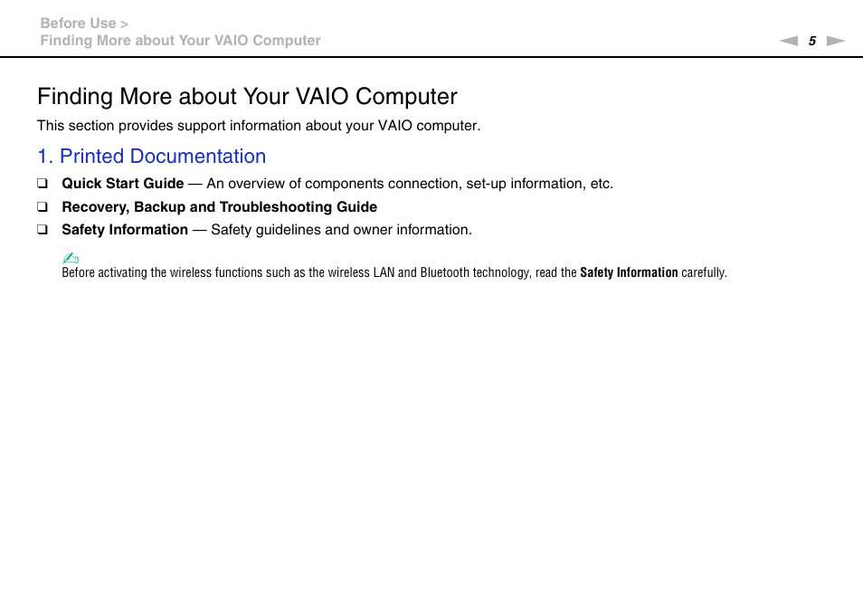Finding more about your vaio computer, Printed documentation | Sony VPCEB4LFX User Manual | Page 5 / 172