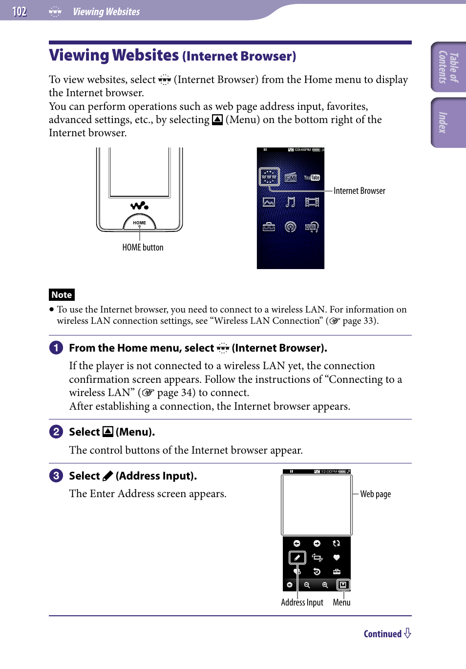 Viewing websites, Viewing websites (internet browser), Internet browser) | Sony NWZ-X1051F User Manual | Page 102 / 182