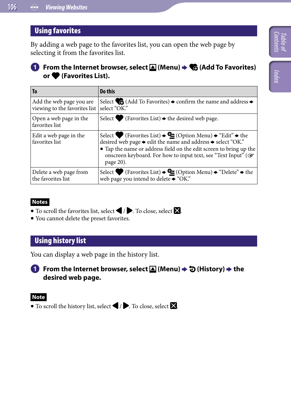 Using favorites, Using history list, 10 using favorites | Sony NWZ-X1051F User Manual | Page 106 / 182