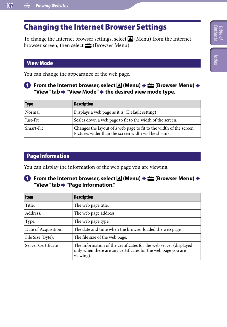Changing the internet browser settings, View mode, Changing the internet browser | Settings, Page information | Sony NWZ-X1051F User Manual | Page 107 / 182