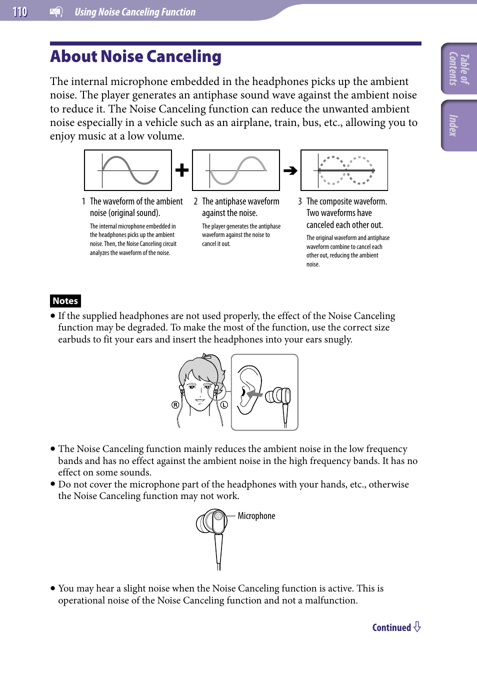 Using noise canceling function, About noise canceling | Sony NWZ-X1051F User Manual | Page 110 / 182