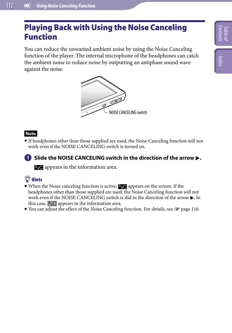 Playing back with using the noise, Canceling function | Sony NWZ-X1051F User Manual | Page 112 / 182