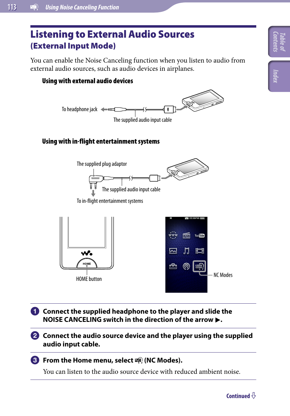 Listening to external audio sources, External input mode) | Sony NWZ-X1051F User Manual | Page 113 / 182