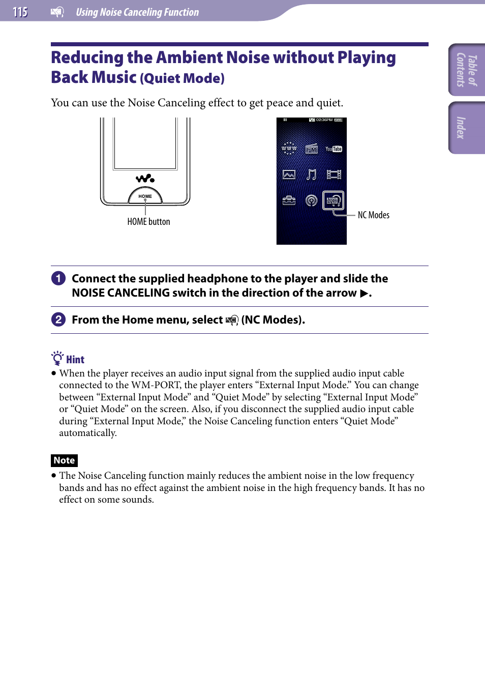 Reducing the ambient noise without, Playing back music, Quiet mode) | Sony NWZ-X1051F User Manual | Page 115 / 182