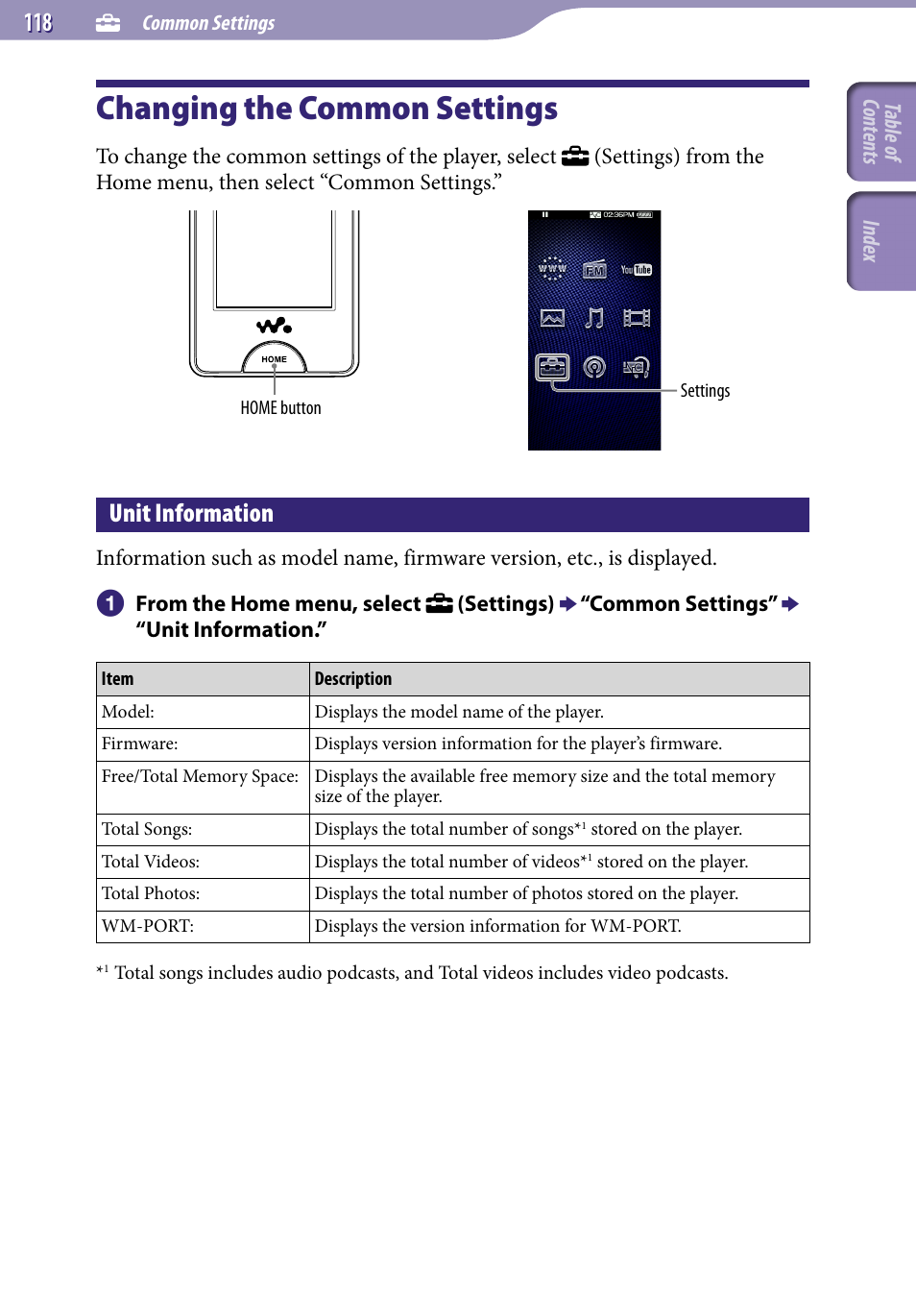 Common settings, Changing the common settings, Unit information | Sony NWZ-X1051F User Manual | Page 118 / 182