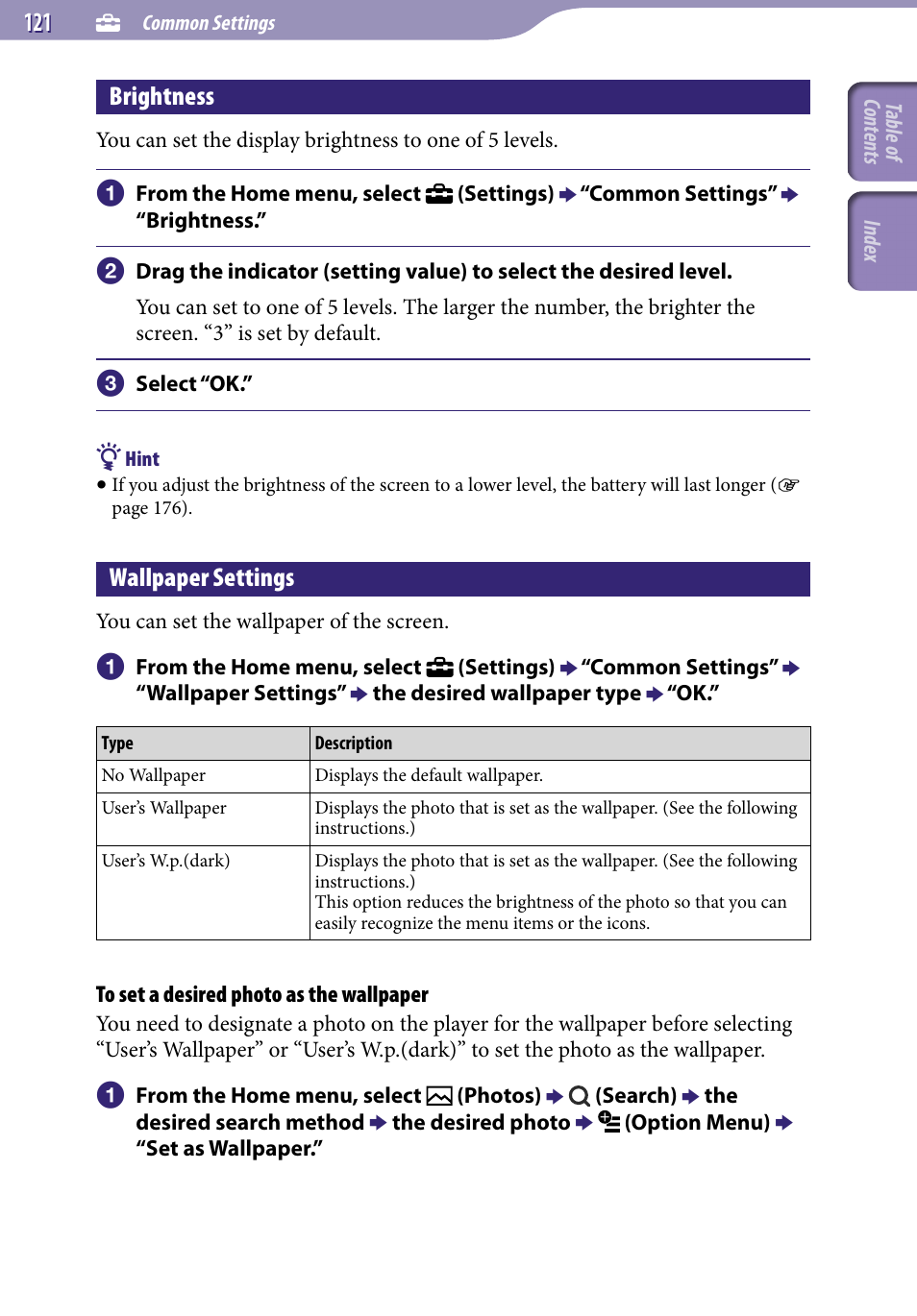 Brightness, Wallpaper settings | Sony NWZ-X1051F User Manual | Page 121 / 182