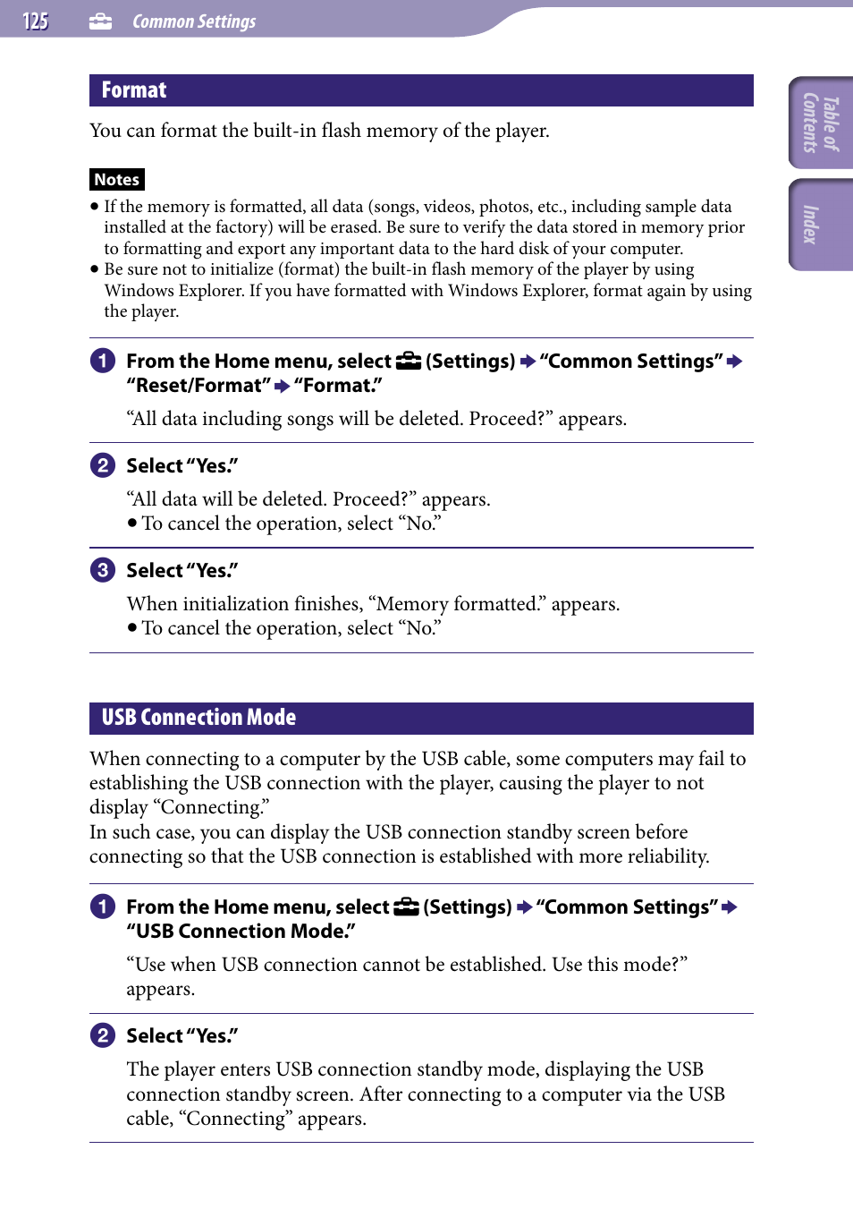 Format, Usb connection mode | Sony NWZ-X1051F User Manual | Page 125 / 182
