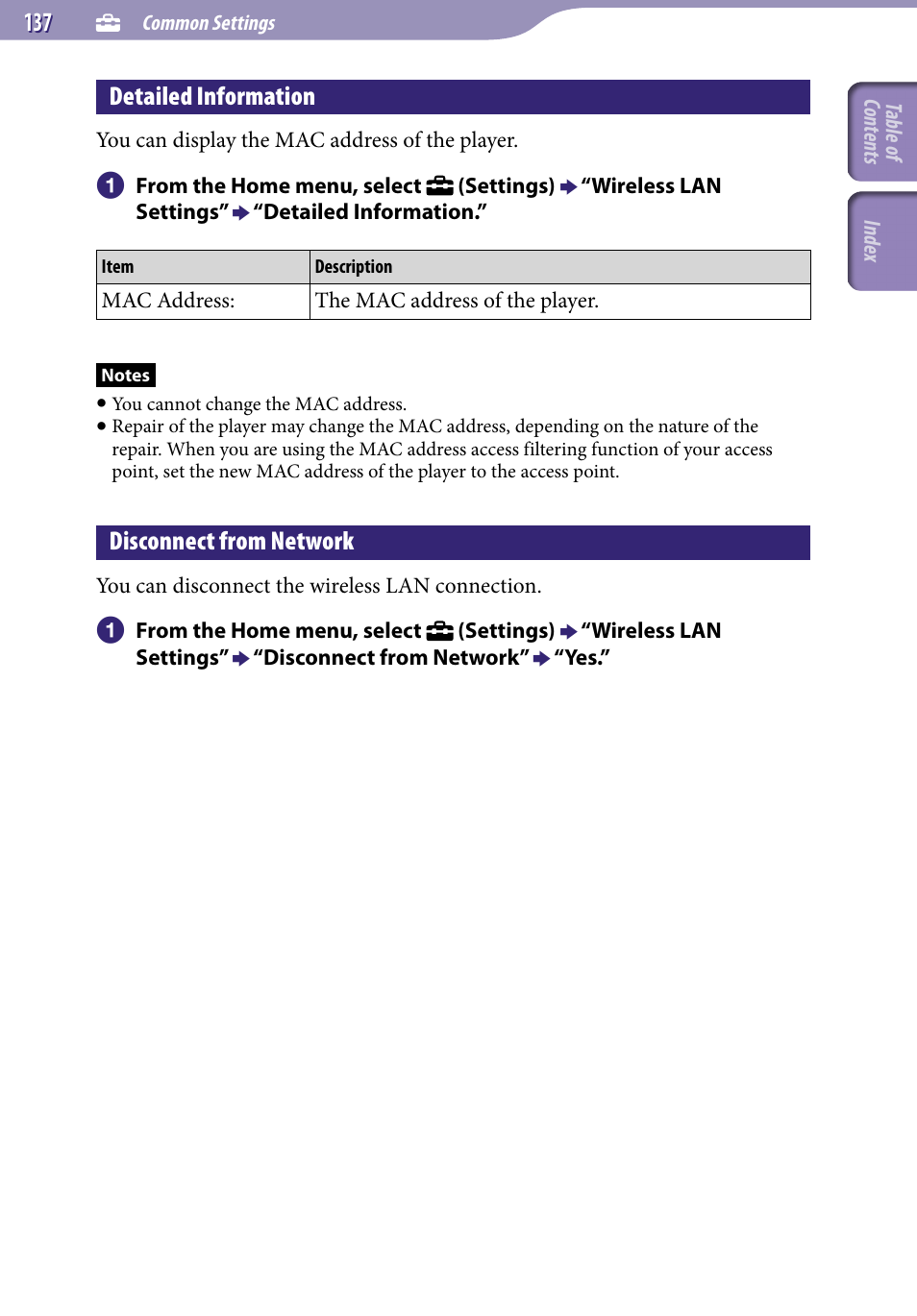 Detailed information, Disconnect from network | Sony NWZ-X1051F User Manual | Page 137 / 182