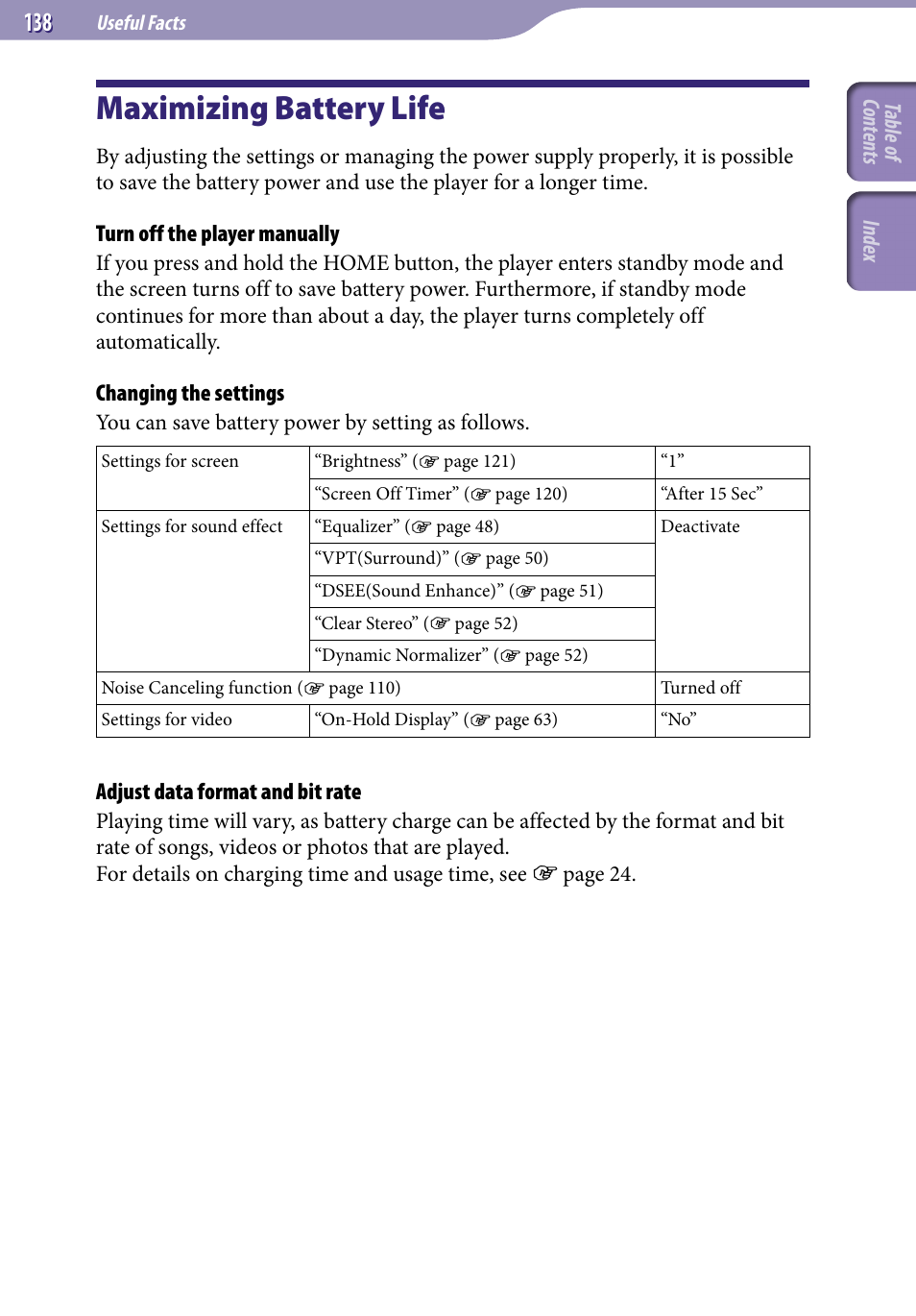 Useful facts, Maximizing battery life | Sony NWZ-X1051F User Manual | Page 138 / 182