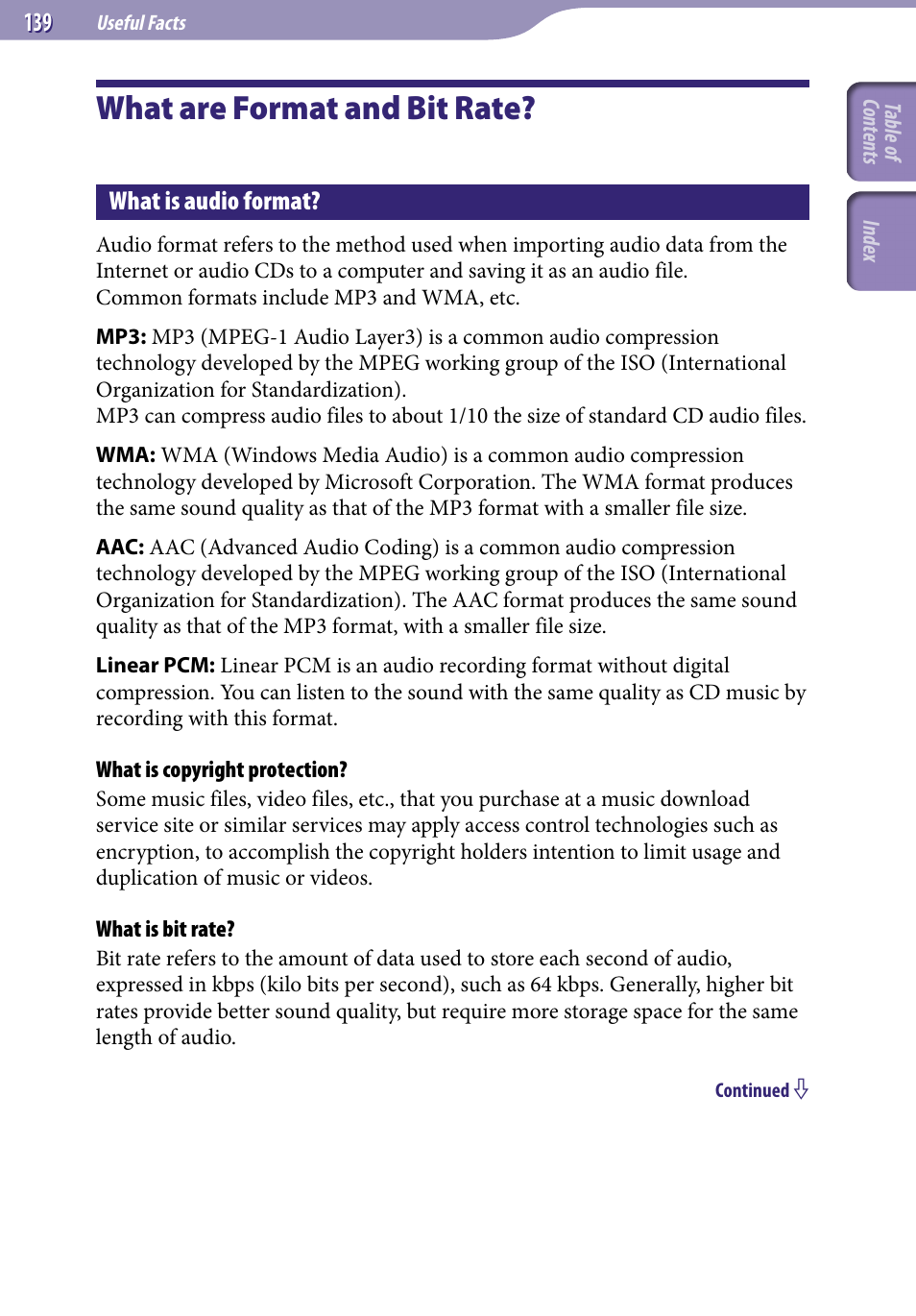 What are format and bit rate, What is audio format | Sony NWZ-X1051F User Manual | Page 139 / 182