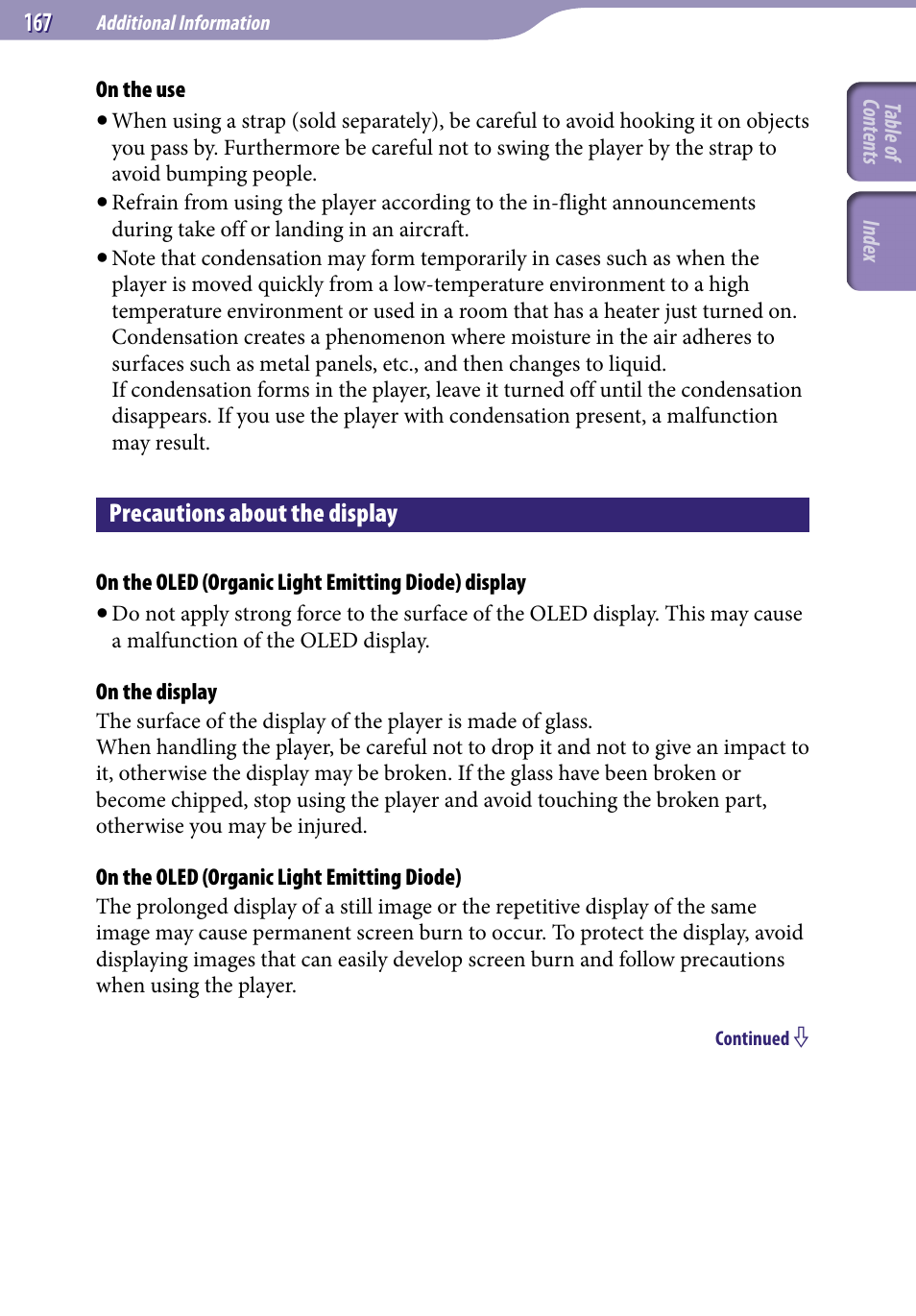 Precautions about the display | Sony NWZ-X1051F User Manual | Page 167 / 182
