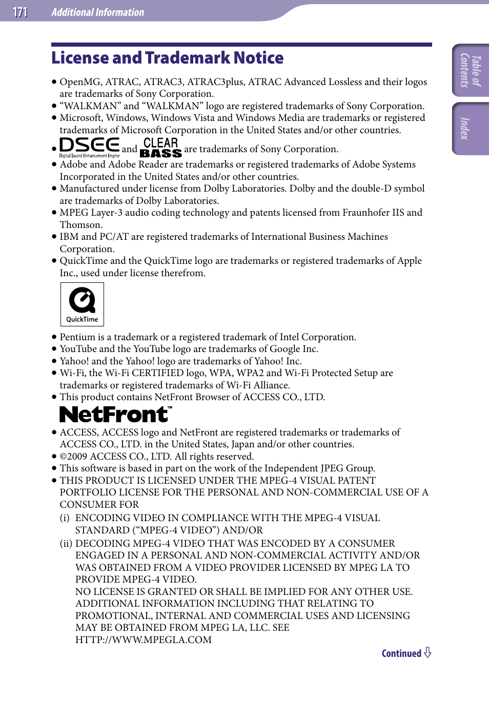 License and trademark notice | Sony NWZ-X1051F User Manual | Page 171 / 182