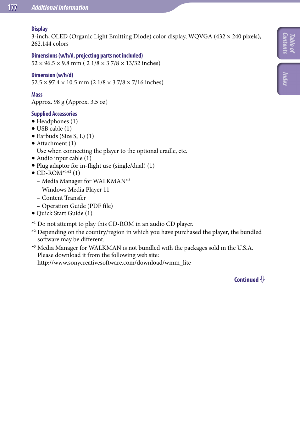 Table of cont ents inde x | Sony NWZ-X1051F User Manual | Page 177 / 182