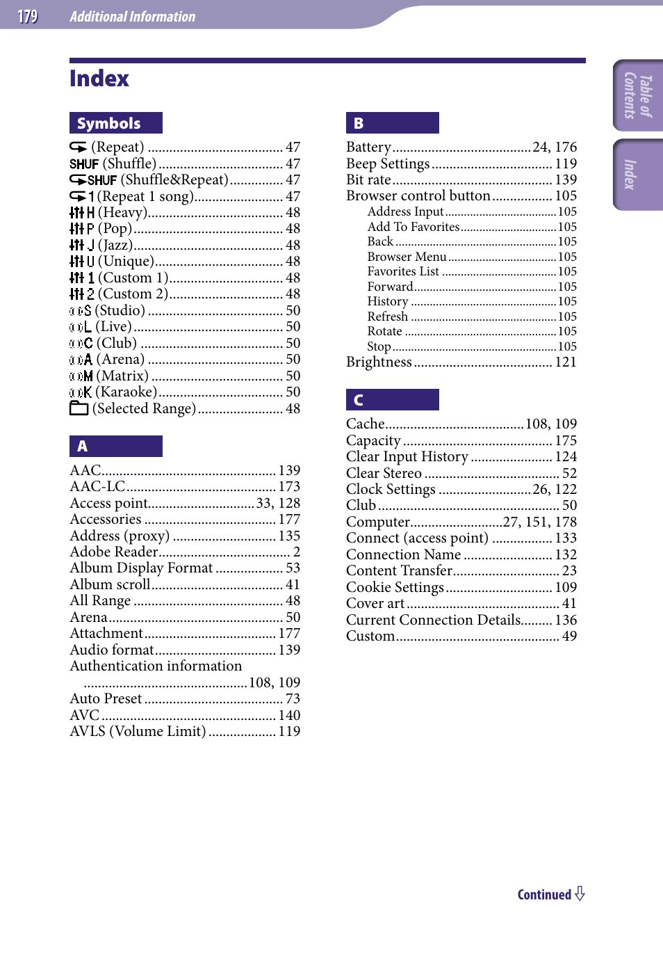 Index | Sony NWZ-X1051F User Manual | Page 179 / 182