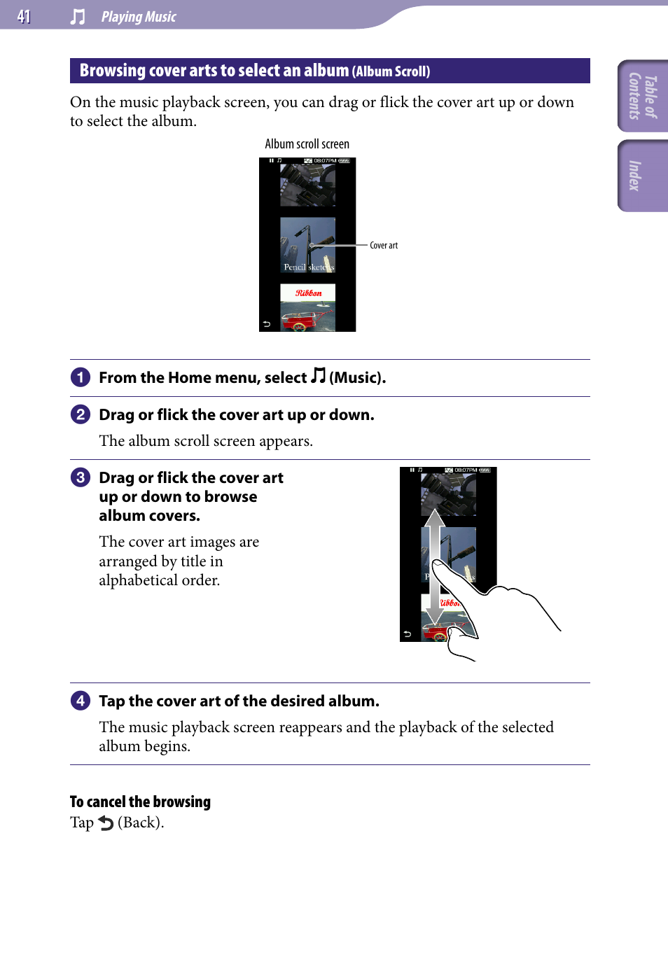 Browsing cover arts to select an album, Album scroll), 1 browsing cover arts to select an album | Sony NWZ-X1051F User Manual | Page 41 / 182