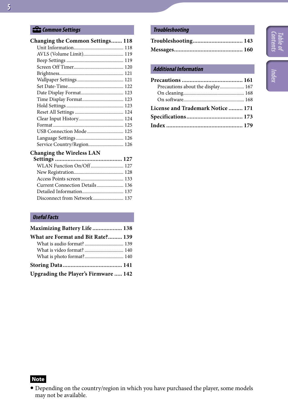 Table of cont ents inde x | Sony NWZ-X1051F User Manual | Page 5 / 182