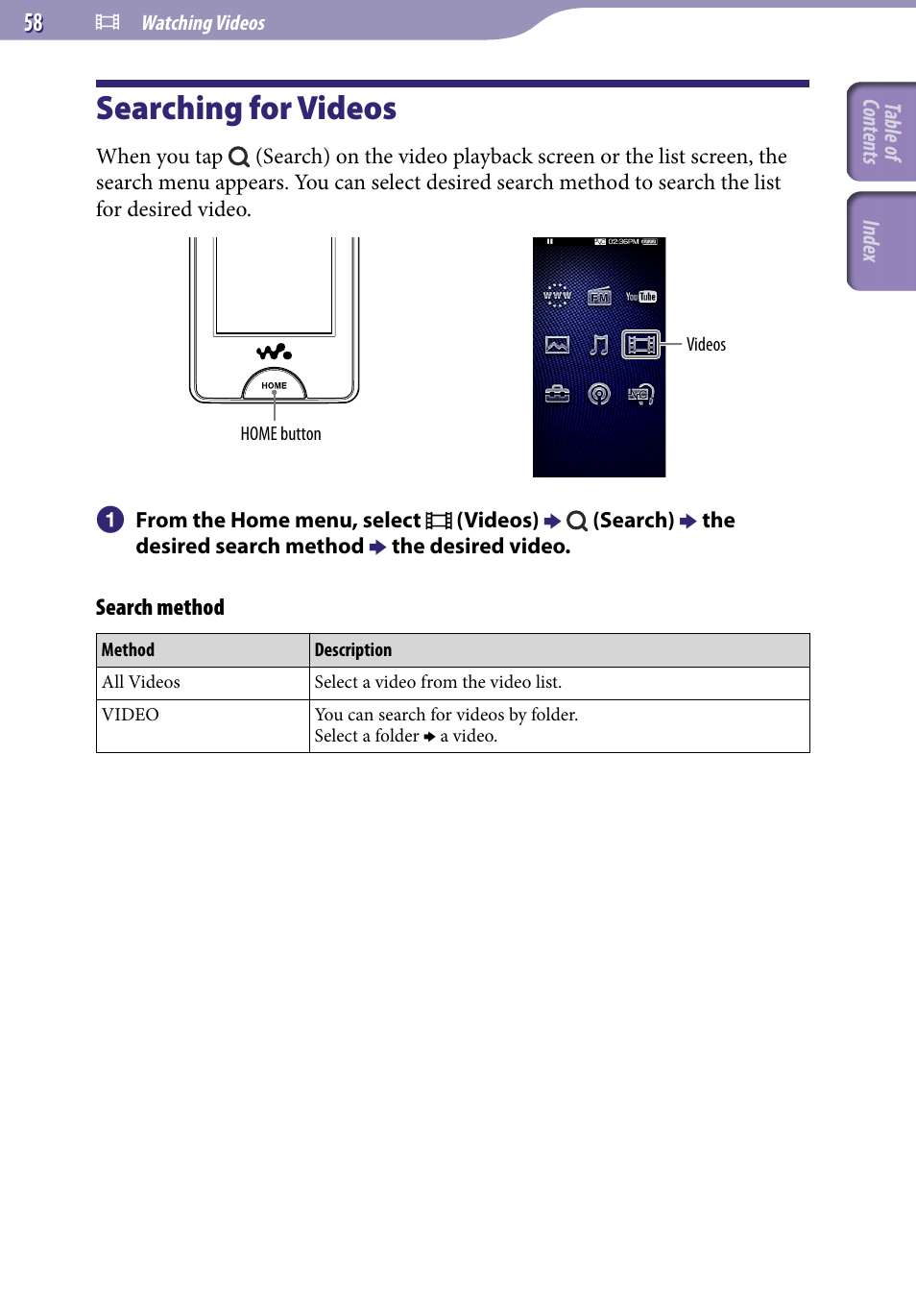 Searching for videos | Sony NWZ-X1051F User Manual | Page 58 / 182