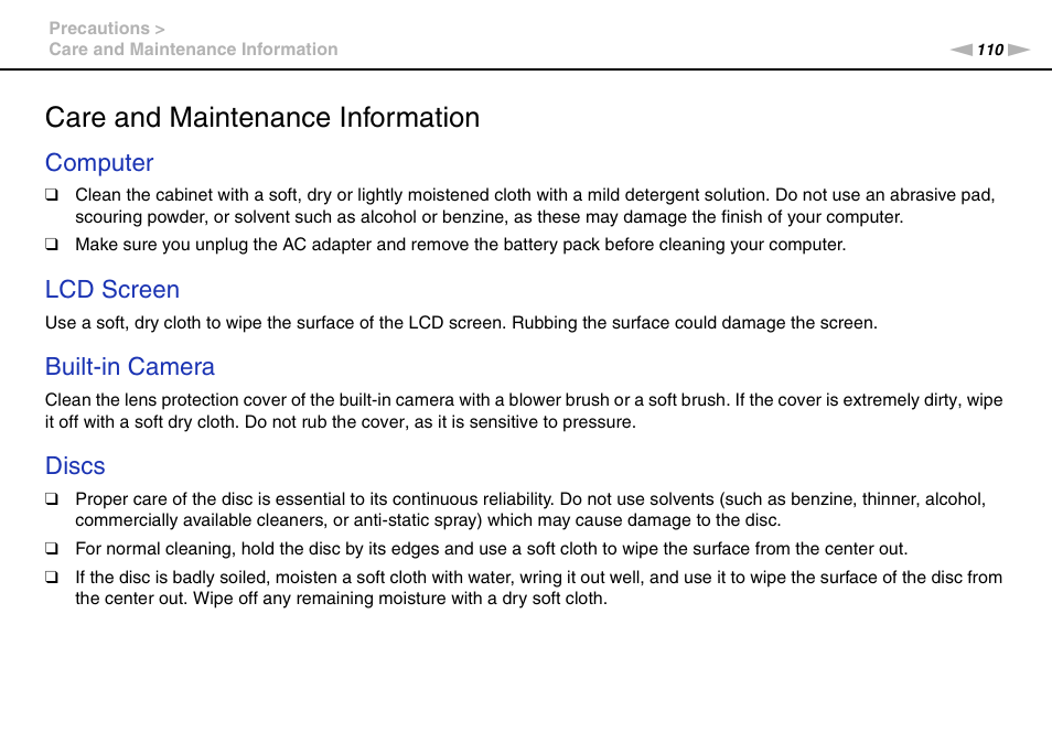 Care and maintenance information, Computer, Lcd screen | Built-in camera, Discs | Sony VPCCA190X User Manual | Page 110 / 167