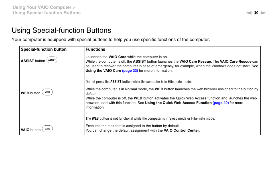 Using special-function buttons | Sony VPCCA190X User Manual | Page 39 / 167