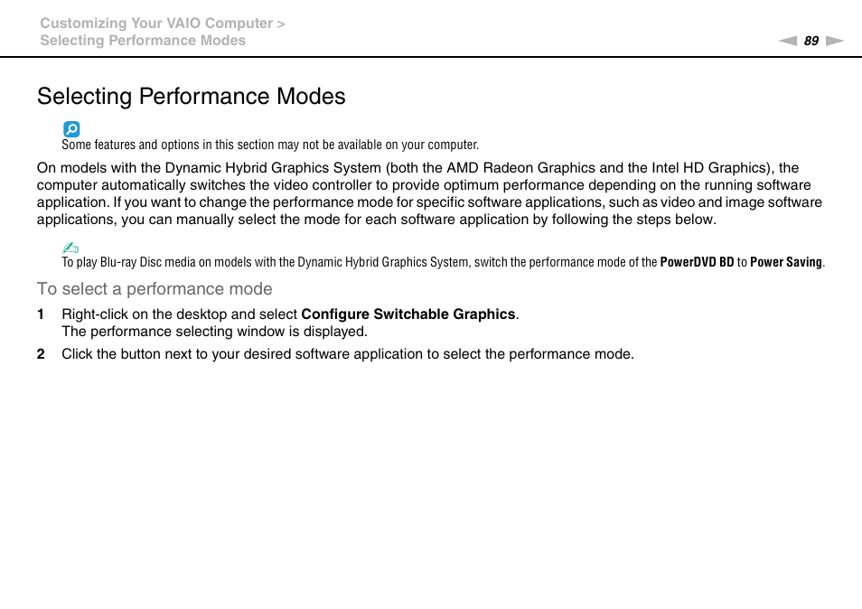 Selecting performance modes | Sony VPCCA190X User Manual | Page 89 / 167