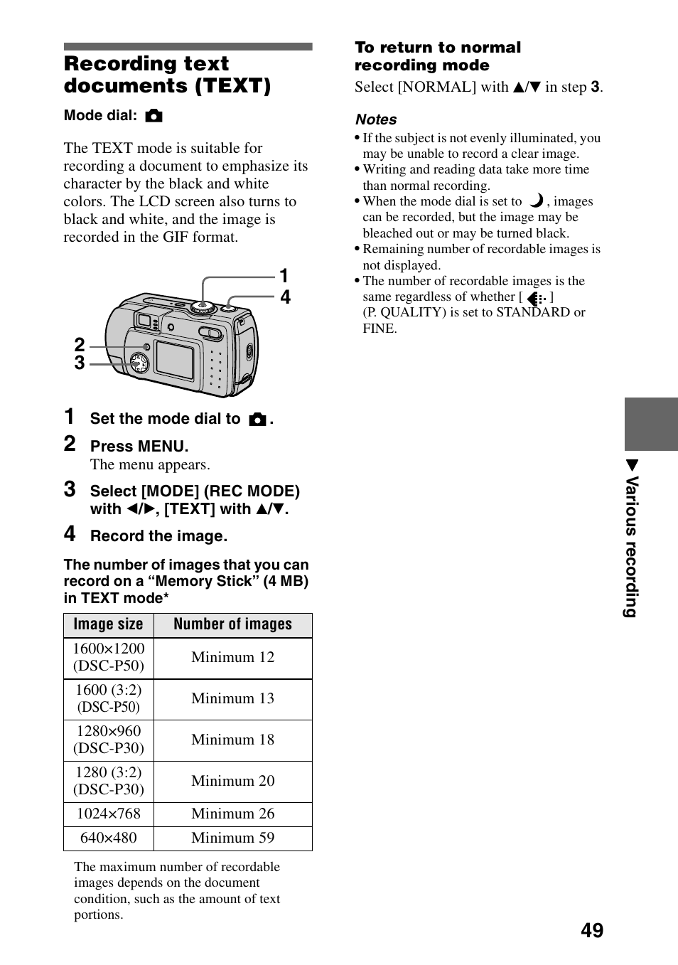 Recording text documents (text), 49 recording text documents (text) | Sony DSC-P30 User Manual | Page 49 / 92